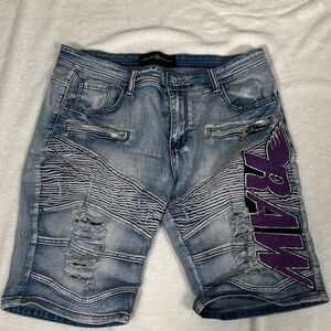 Legendary Rawyalty Men's Blue Denim Shorts with Purple Raw Accent Patch! Size 38
